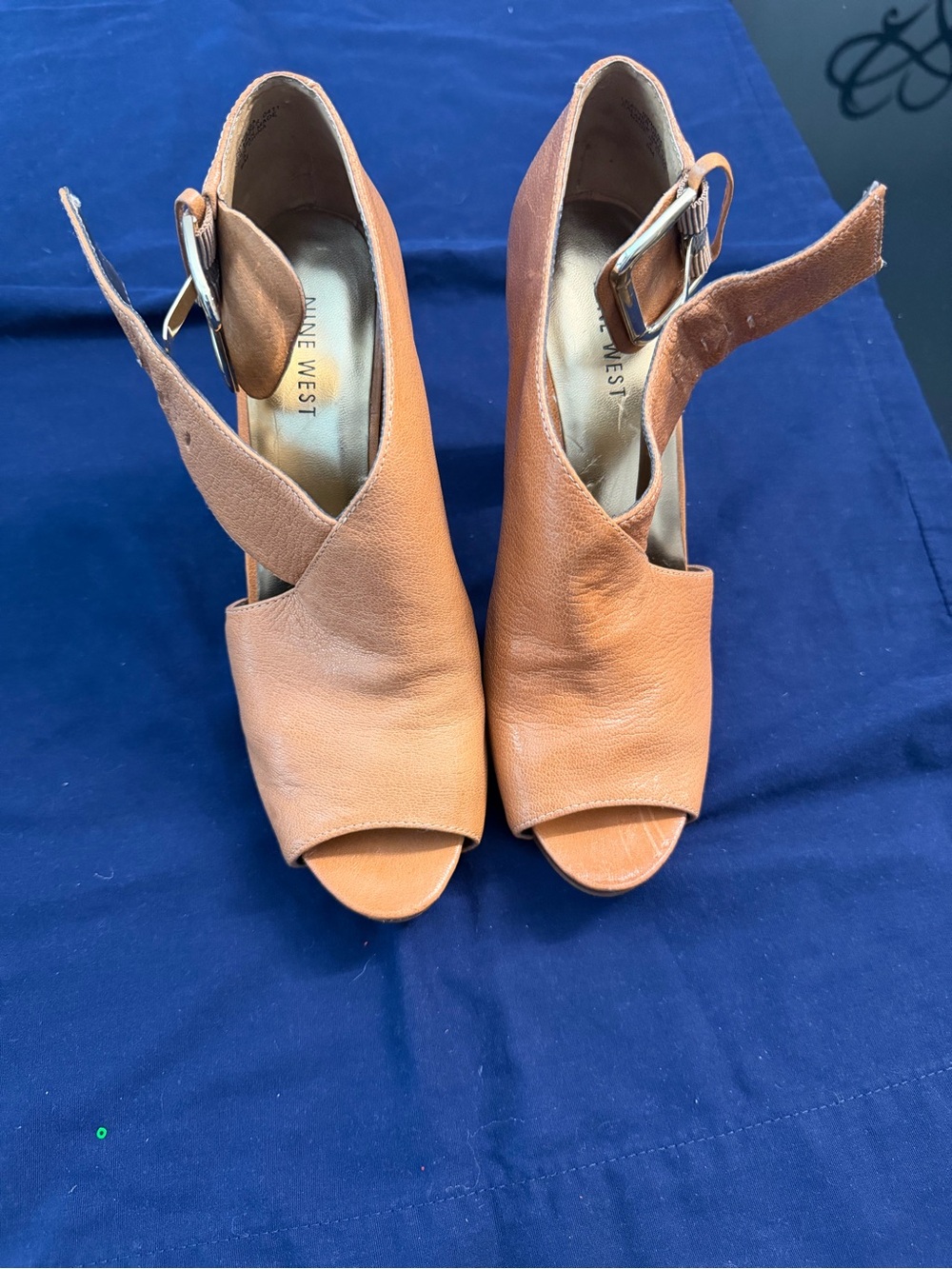 Nine West Tan Open-Toe Slingback Heels with Buckle
